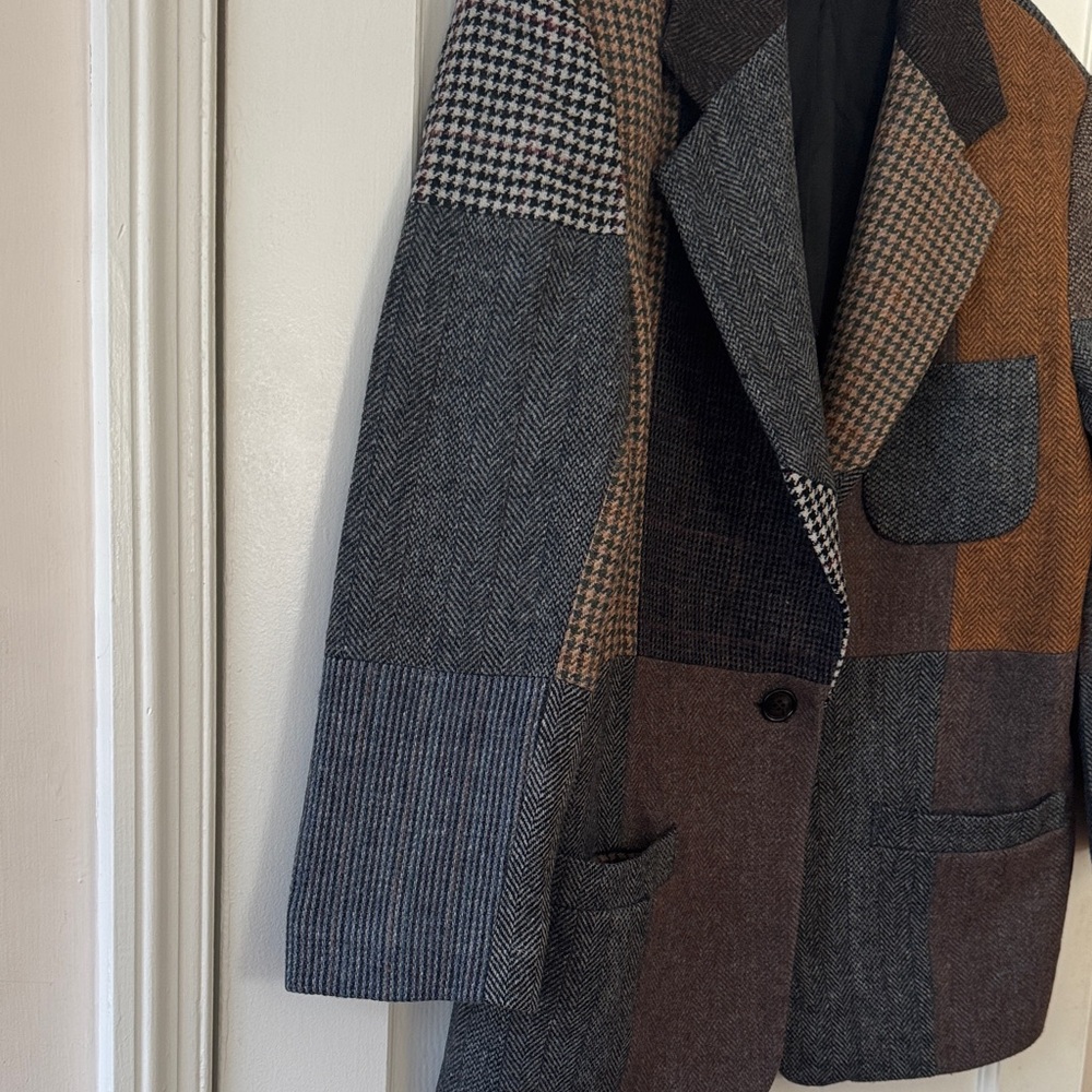 VTG International Scene Women's Brown Gray Patchwork Wool Blazer Jacket 13/14 - Picture 4 of 14